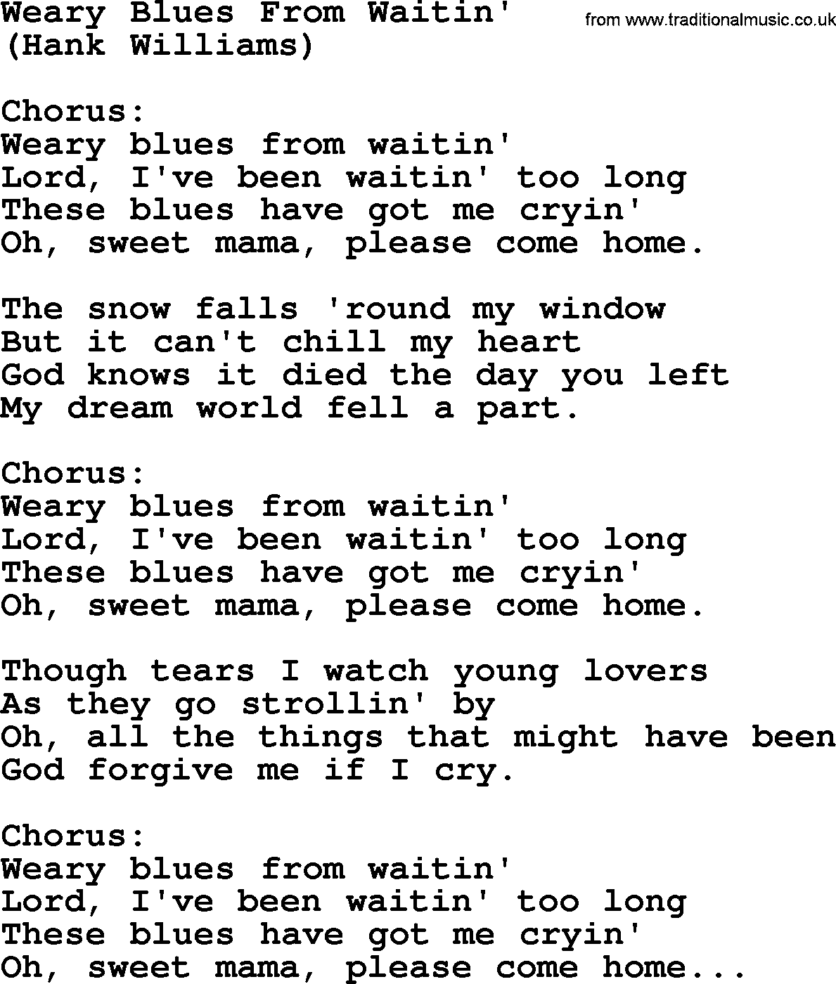 Hank Williams song Weary Blues From Waitin', lyrics