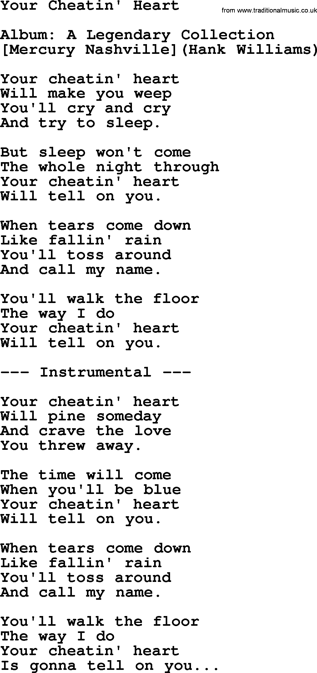Hank Williams song Your Cheatin' Heart, lyrics