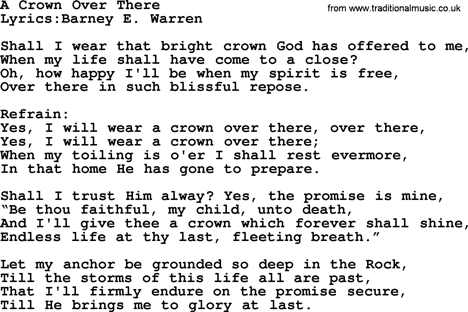 Songs and Hymns about Heaven: A Crown Over There lyrics with PDF