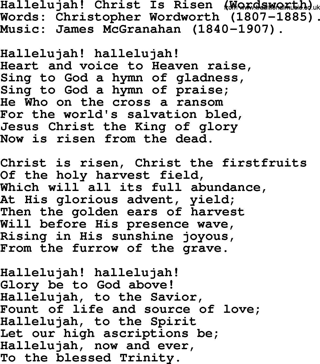 Hymns from the Psalms, Hymn: Hallelujah! Christ Is Risen (Wordsworth), lyrics with PDF