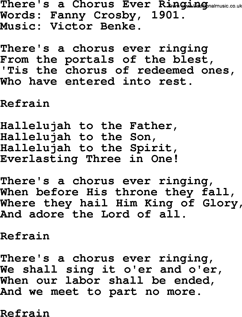 Hymns from the Psalms, Hymn: There's A Chorus Ever Ringing, lyrics with PDF