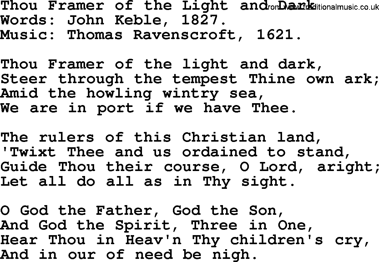 Hymns from the Psalms, Hymn: Thou Framer Of The Light And Dark, lyrics with PDF