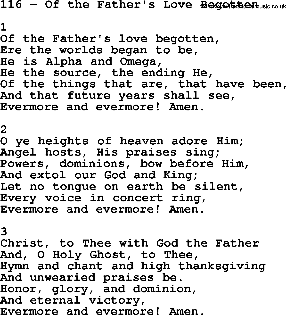 Complete Adventis Hymnal, title: 116-Of The Father's Love Begotten, with lyrics, midi, mp3, powerpoints(PPT) and PDF,