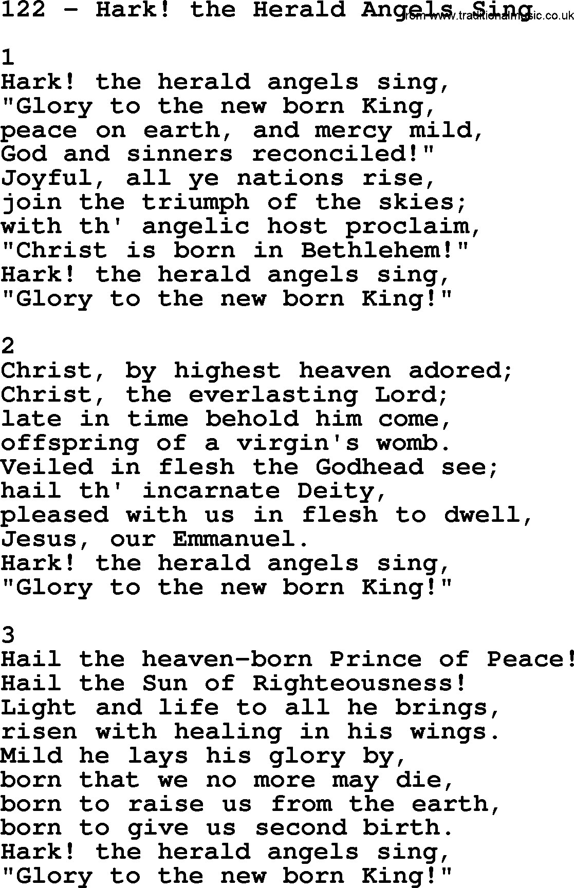 Complete Adventis Hymnal, title: 122-Hark! The Herald Angels Sing, with lyrics, midi, mp3, powerpoints(PPT) and PDF,