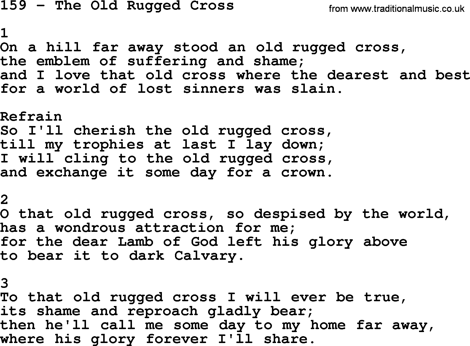 Complete Adventis Hymnal, title: 159-The Old Rugged Cross, with lyrics, midi, mp3, powerpoints(PPT) and PDF,