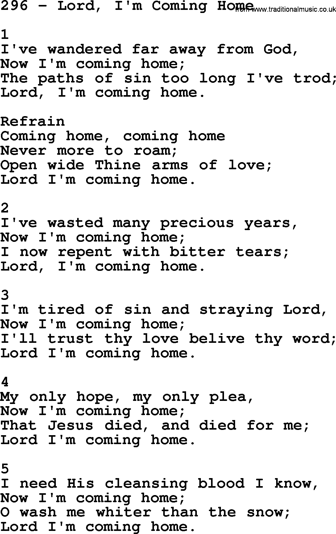 Complete Adventis Hymnal, title: 296-Lord, I'm Coming Home, with lyrics, midi, mp3, powerpoints(PPT) and PDF,