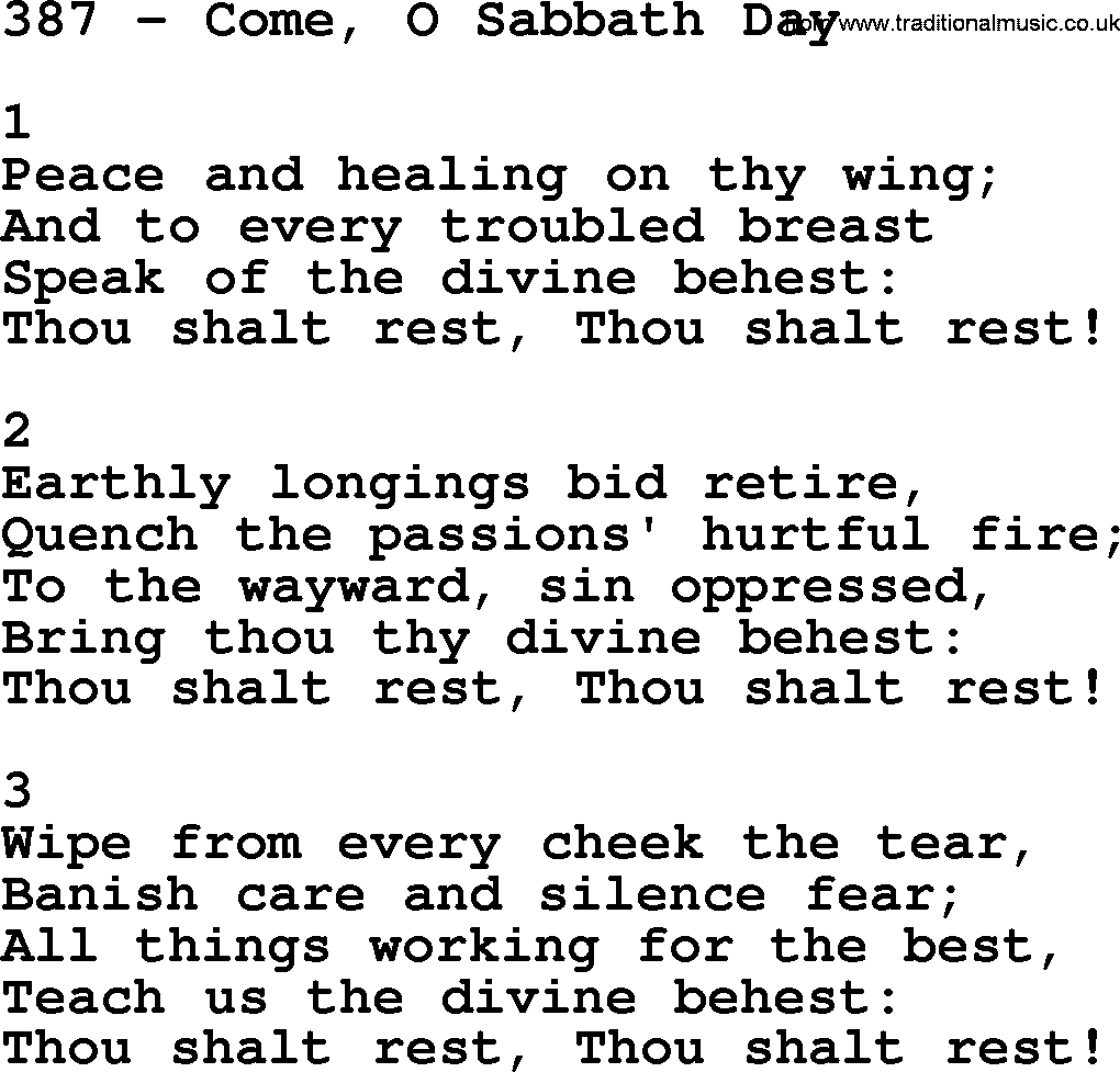 Complete Adventis Hymnal, title: 387-Come, O Sabbath Day, with lyrics, midi, mp3, powerpoints(PPT) and PDF,