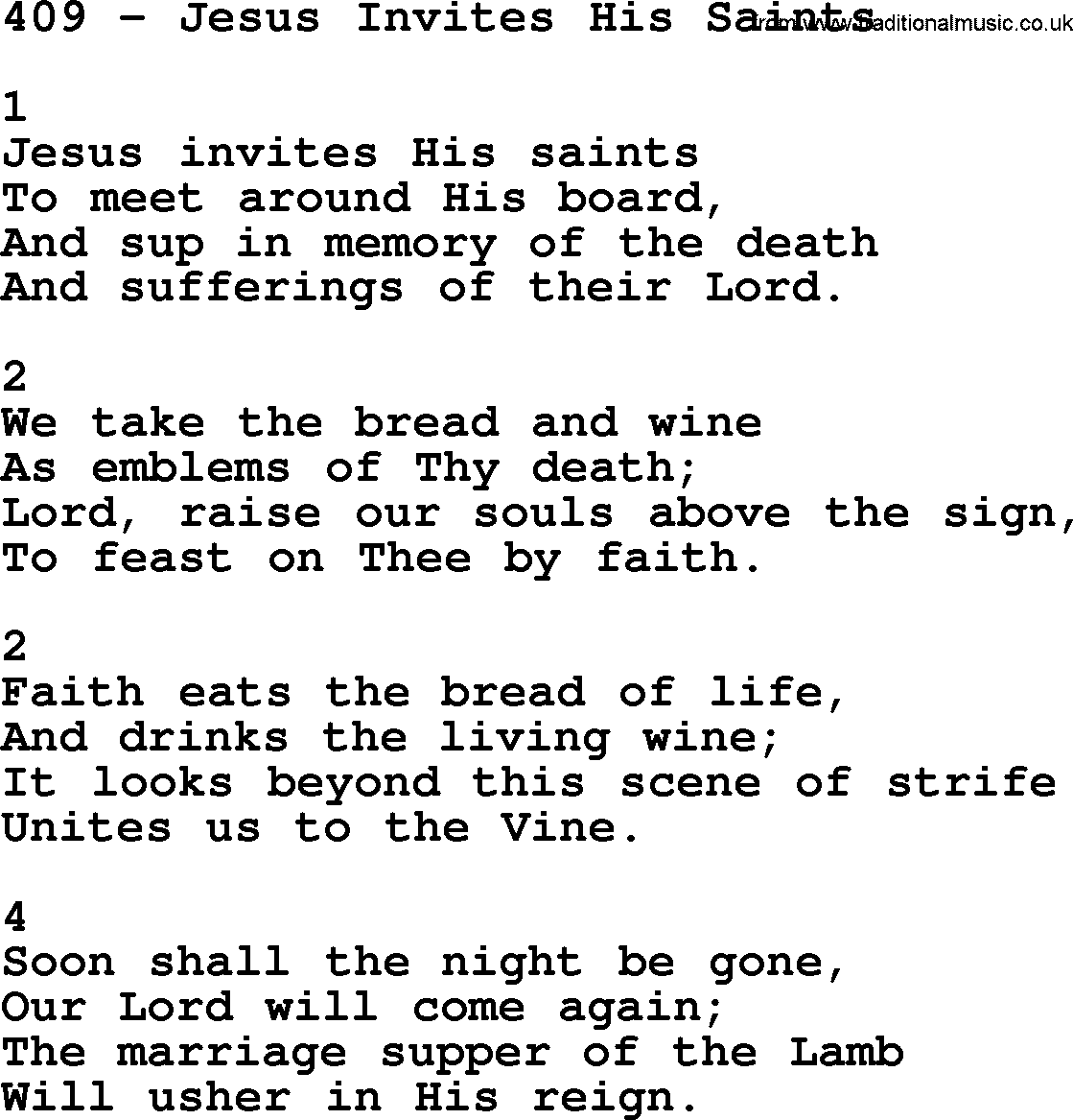 Complete Adventis Hymnal, title: 409-Jesus Invites His Saints, with lyrics, midi, mp3, powerpoints(PPT) and PDF,