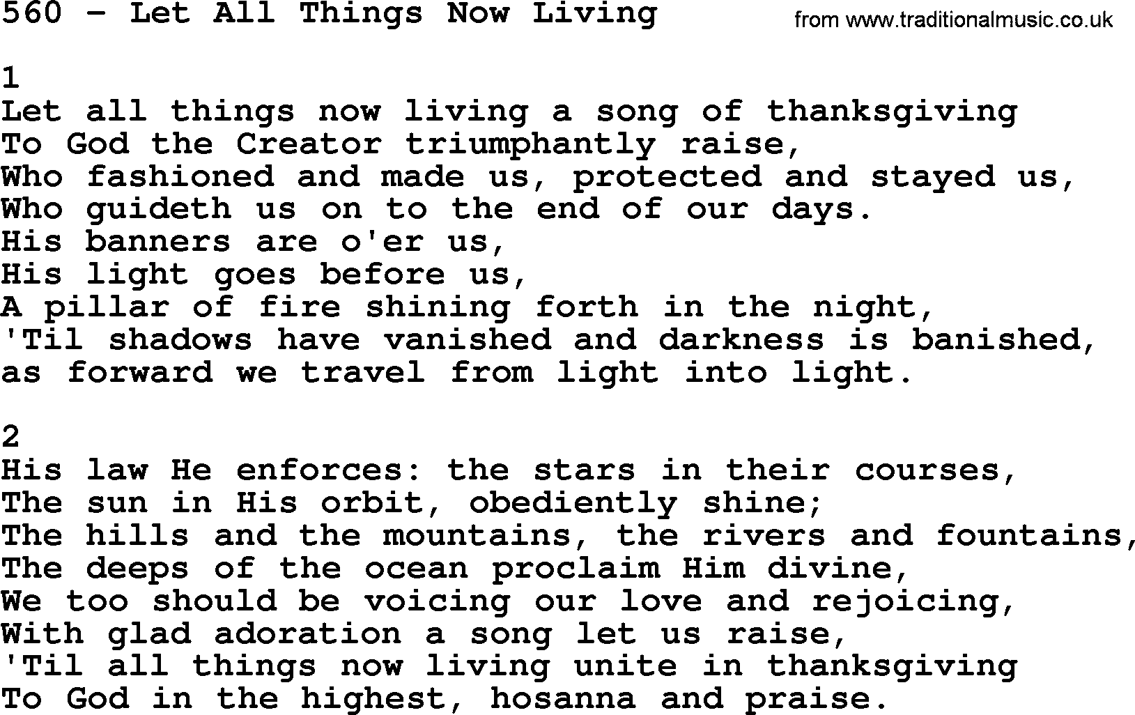 Complete Adventis Hymnal, title: 560-Let All Things Now Living, with lyrics, midi, mp3, powerpoints(PPT) and PDF,