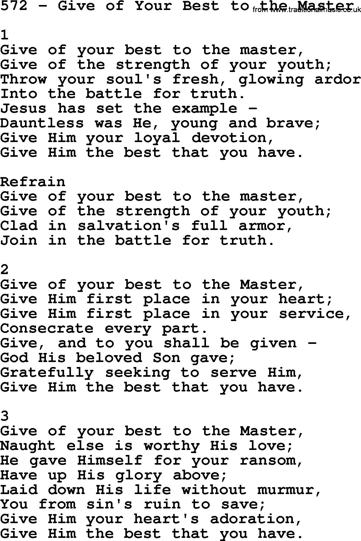 Complete Adventis Hymnal, title: 572-Give Of Your Best To The Master, with lyrics, midi, mp3, powerpoints(PPT) and PDF,