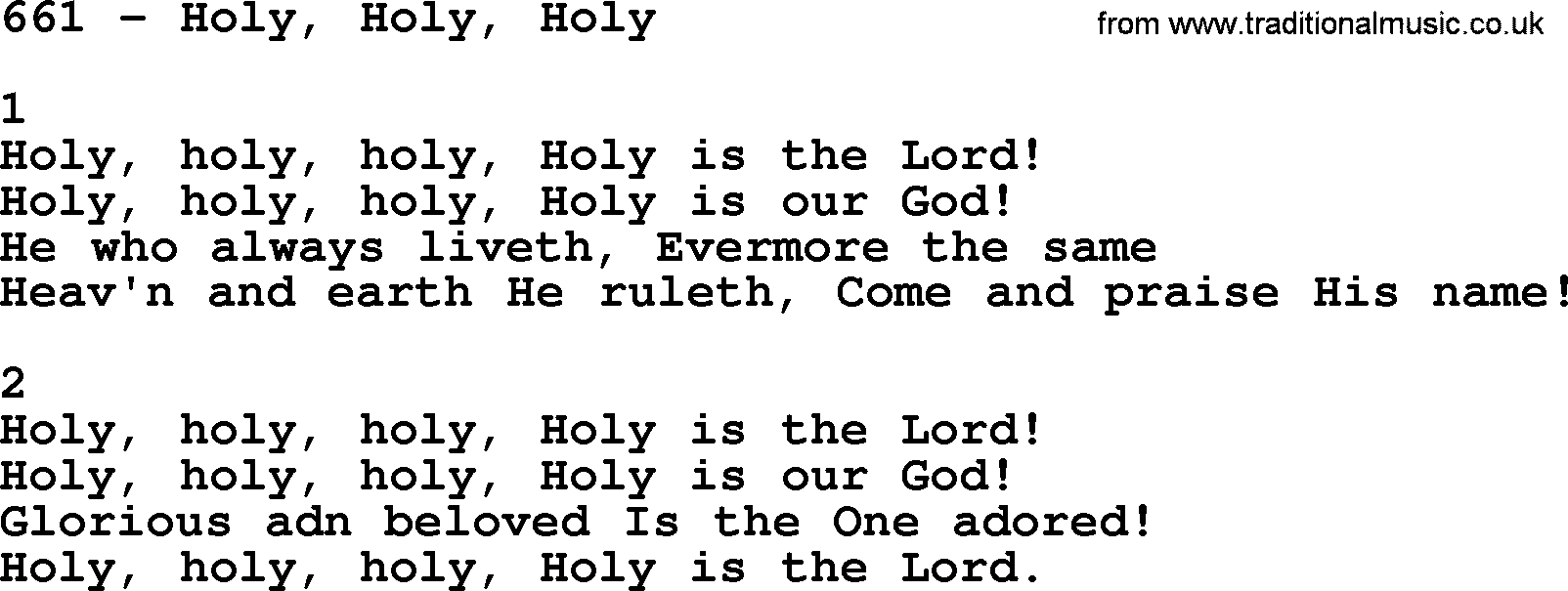 Complete Adventis Hymnal, title: 661-Holy, Holy, Holy, with lyrics, midi, mp3, powerpoints(PPT) and PDF,
