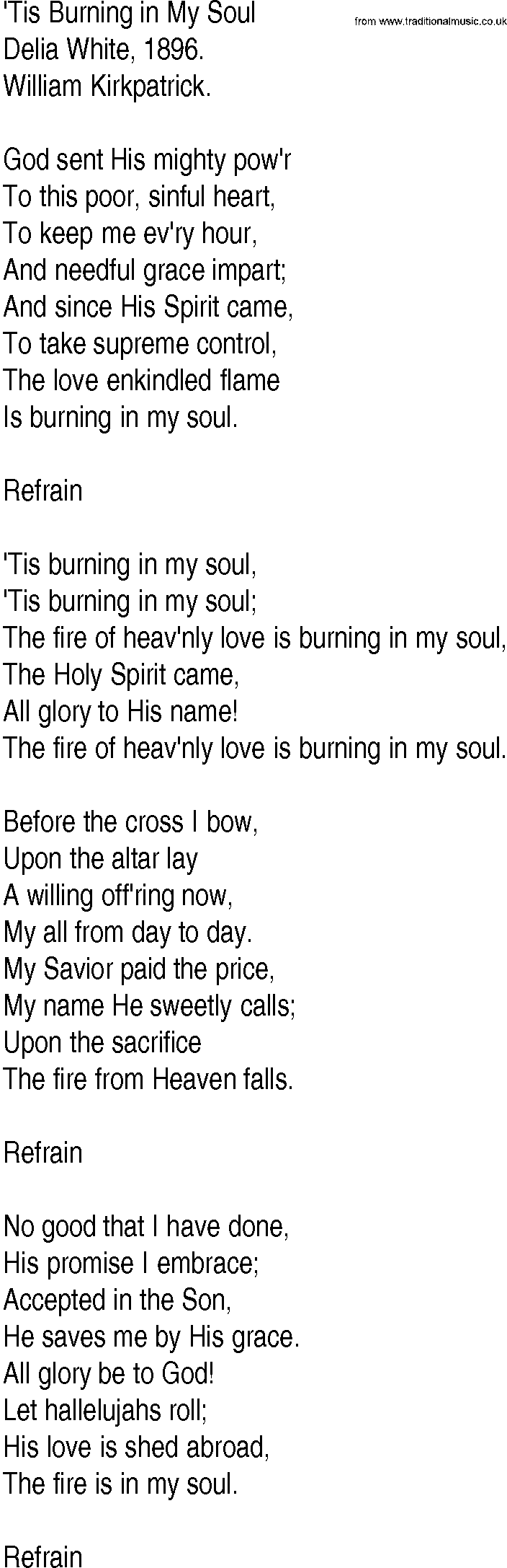 Hymn and Gospel Song: 'Tis Burning in My Soul by Delia White lyrics