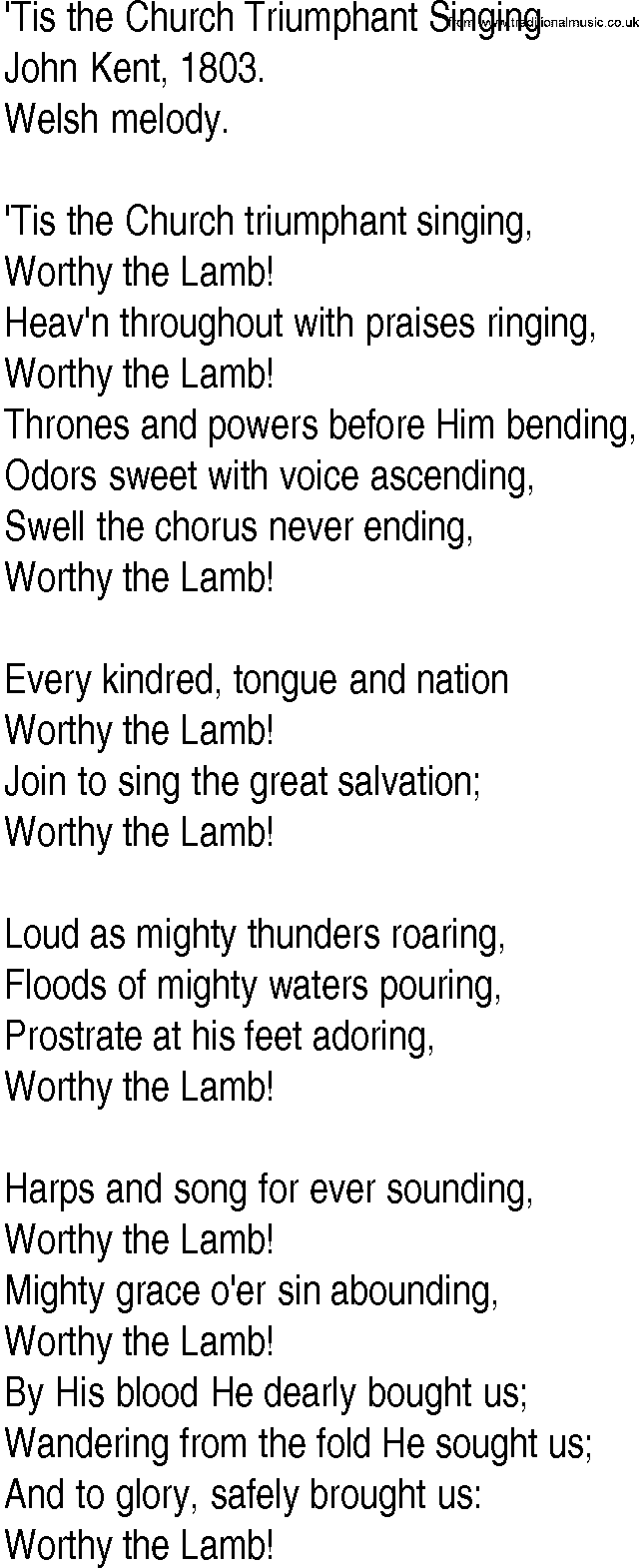 Hymn and Gospel Song: 'Tis the Church Triumphant Singing by John Kent lyrics