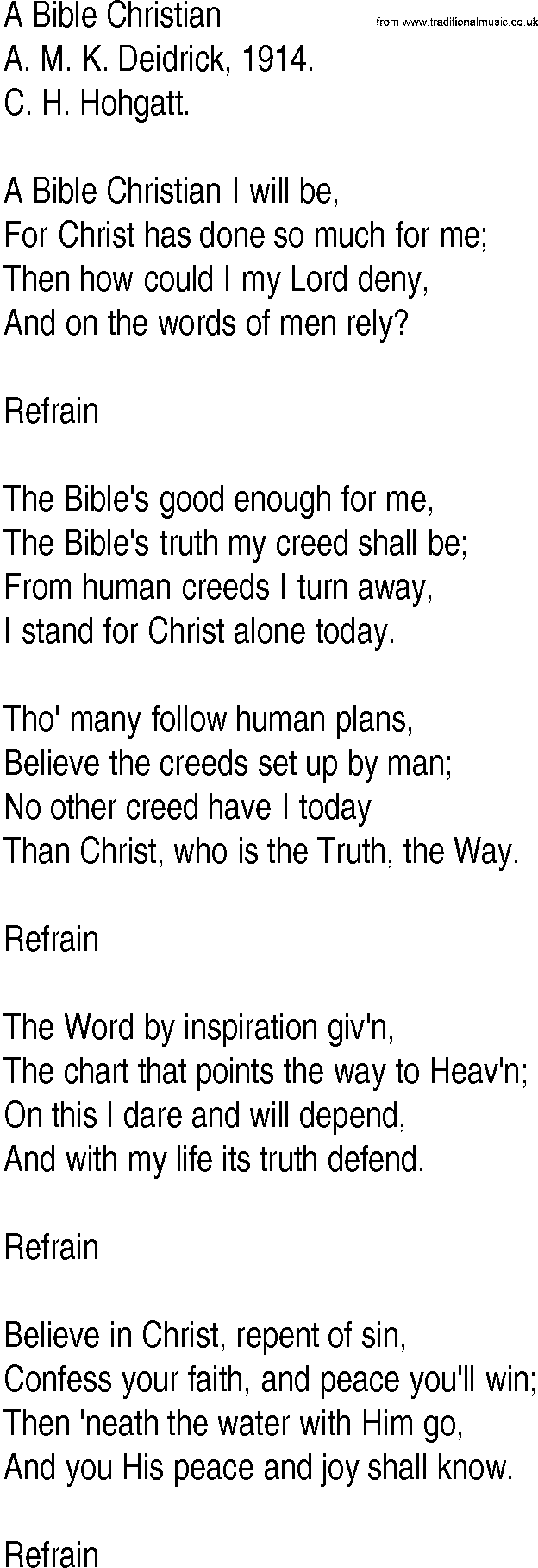 Hymn and Gospel Song: A Bible Christian by A M K Deidrick lyrics