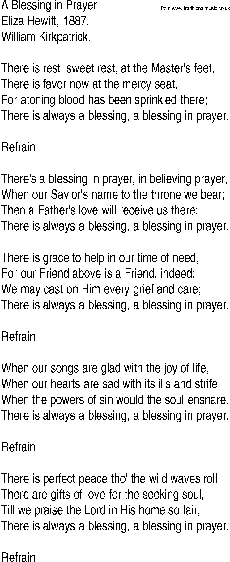 Hymn and Gospel Song: A Blessing in Prayer by Eliza Hewitt lyrics