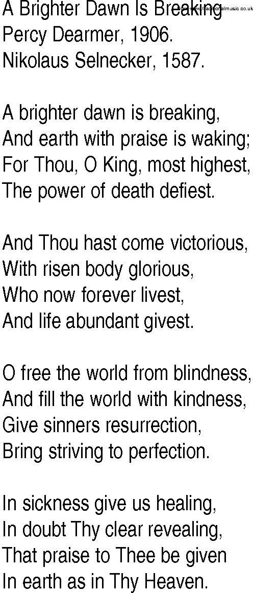 Hymn and Gospel Song: A Brighter Dawn Is Breaking by Percy Dearmer lyrics