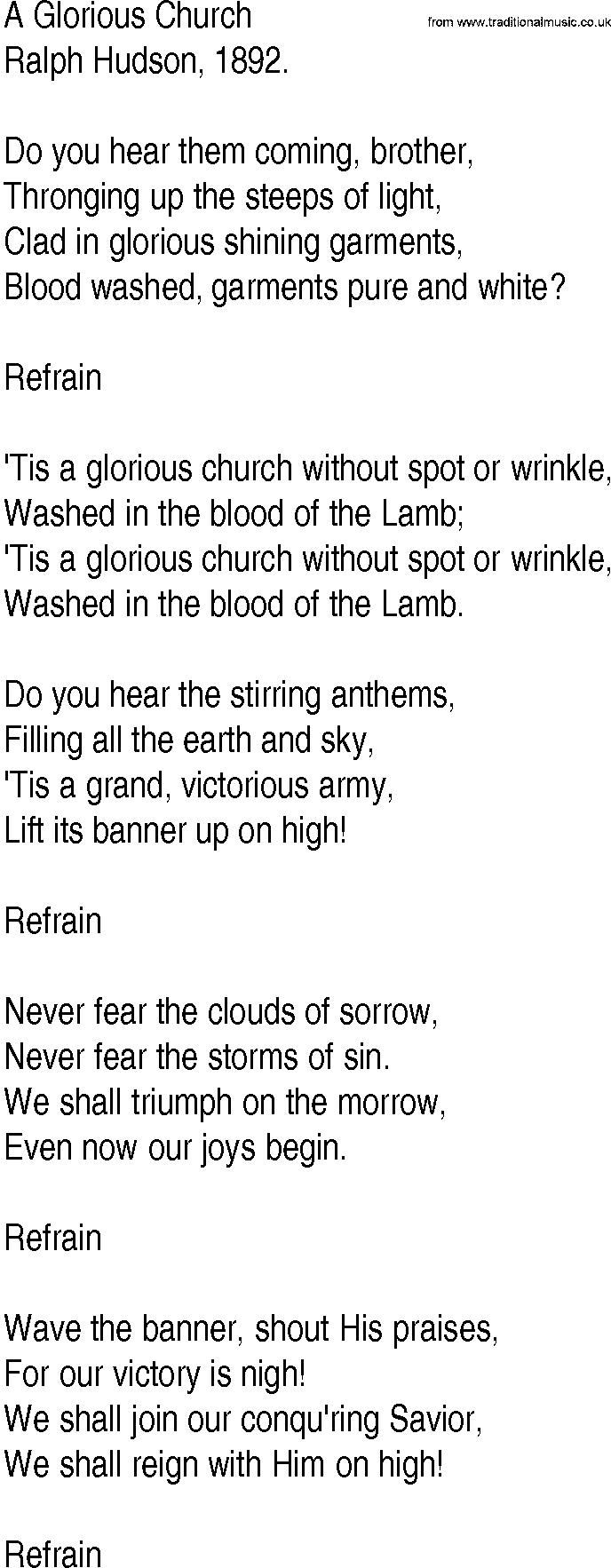 Hymn and Gospel Song: A Glorious Church by Ralph Hudson lyrics