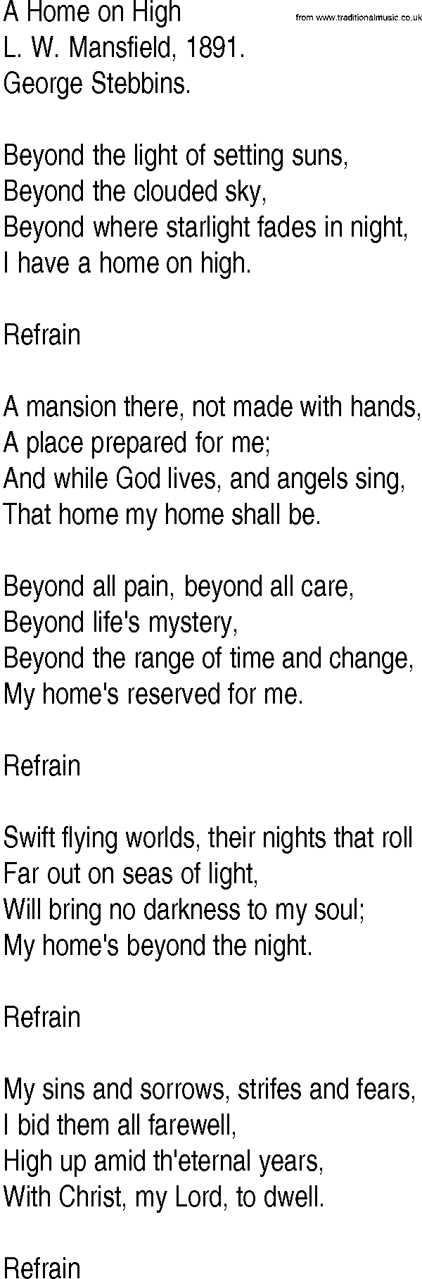 Hymn and Gospel Song: A Home on High by L W Mansfield lyrics