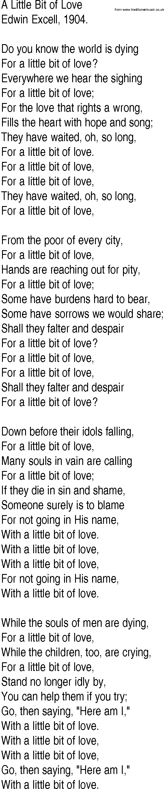 Hymn and Gospel Song: A Little Bit of Love by Edwin Excell lyrics