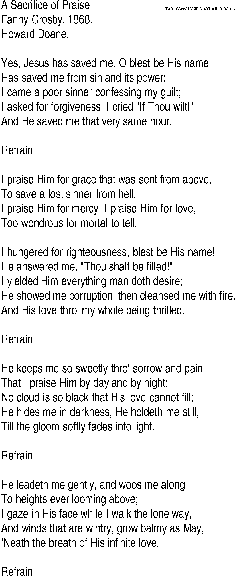 Hymn and Gospel Song: A Sacrifice of Praise by Fanny Crosby lyrics