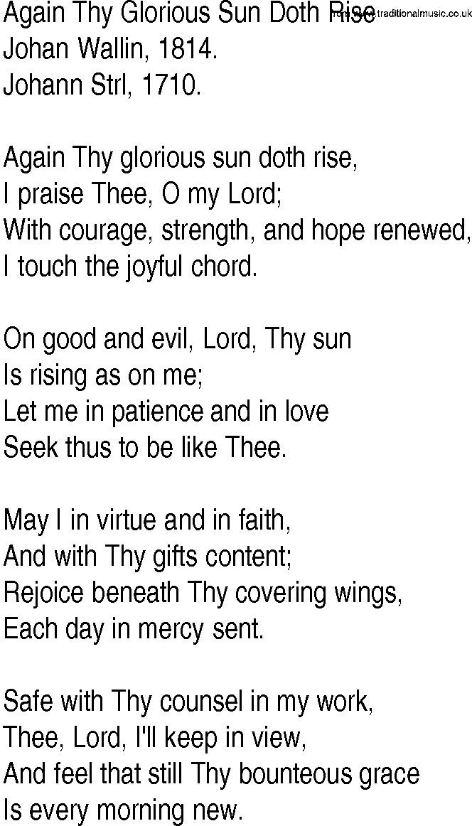 Hymn and Gospel Song: Again Thy Glorious Sun Doth Rise by Johan Wallin lyrics