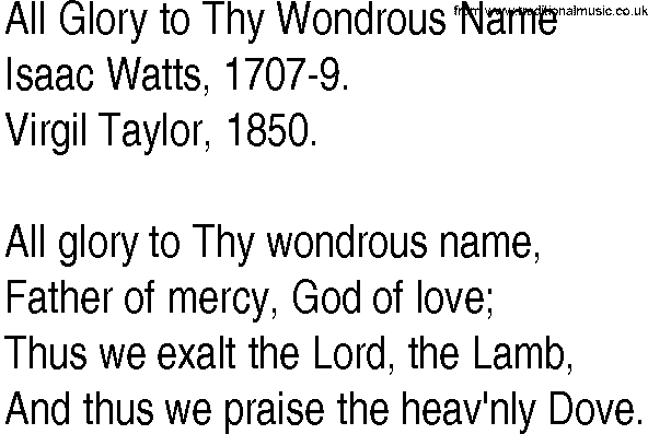 Hymn and Gospel Song: All Glory to Thy Wondrous Name by Isaac Watts lyrics