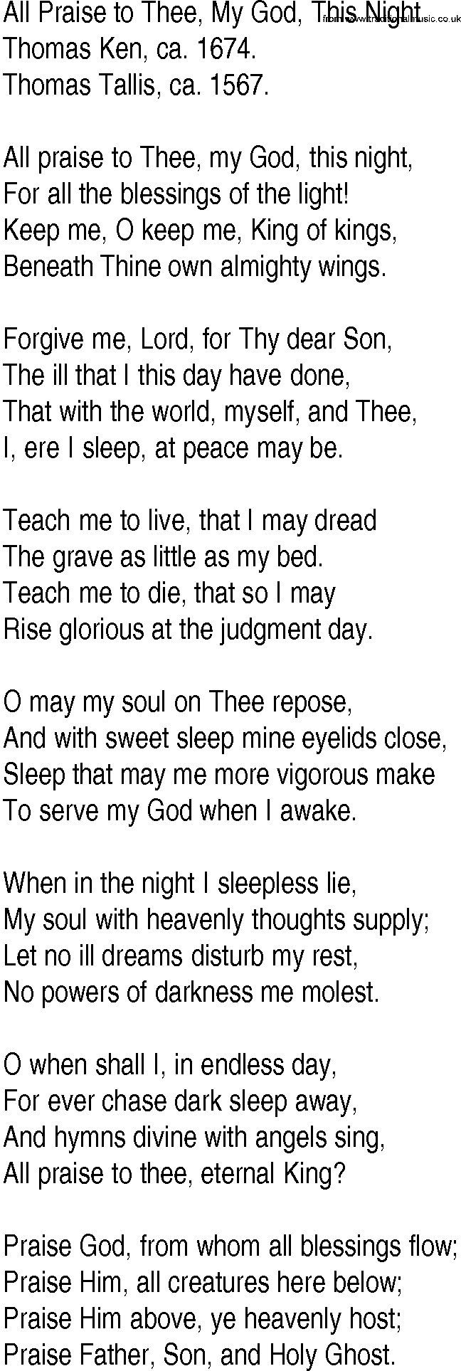 Hymn and Gospel Song: All Praise to Thee, My God, This Night by Thomas Ken ca lyrics