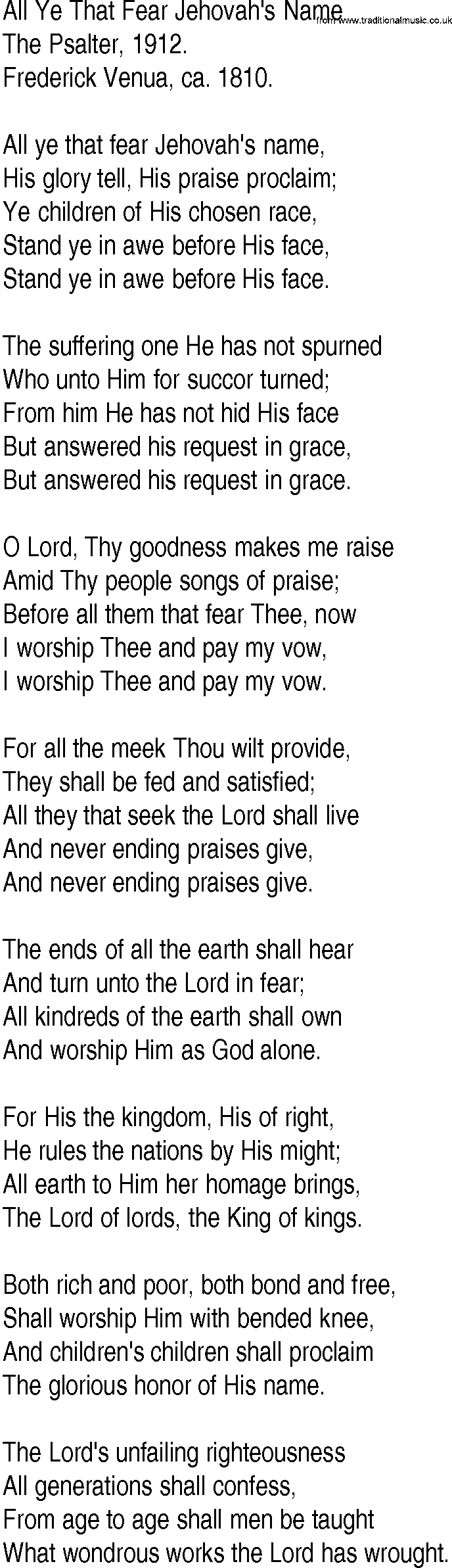 Hymn and Gospel Song: All Ye That Fear Jehovah's Name by The Psalter lyrics