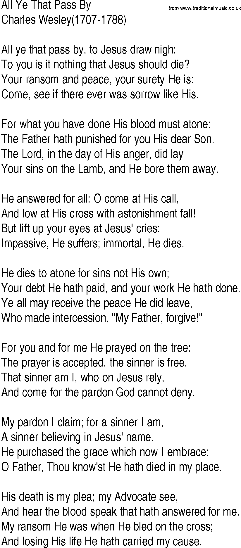 Hymn and Gospel Song: All Ye That Pass By by Charles Wesley lyrics