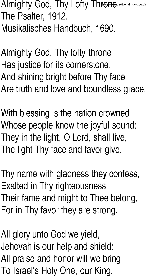 Hymn and Gospel Song: Almighty God, Thy Lofty Throne by The Psalter lyrics