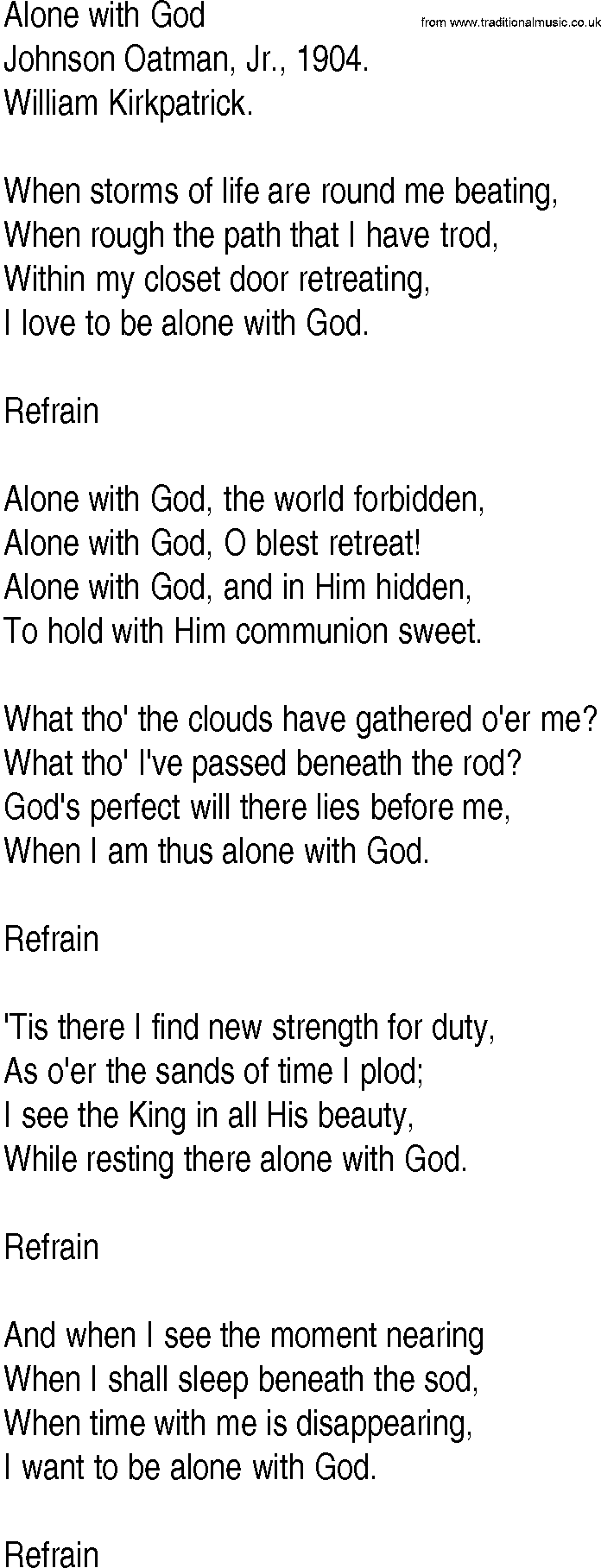 Hymn and Gospel Song: Alone with God by Johnson Oatman Jr lyrics