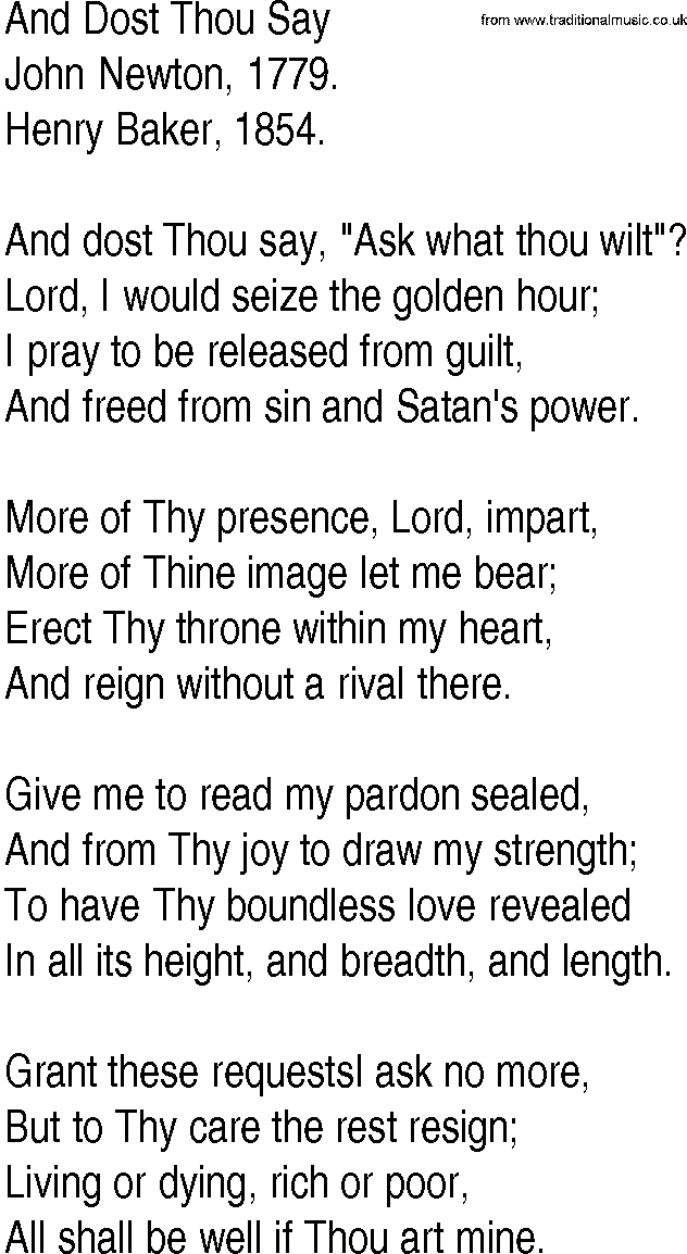 Hymn and Gospel Song: And Dost Thou Say by John Newton lyrics