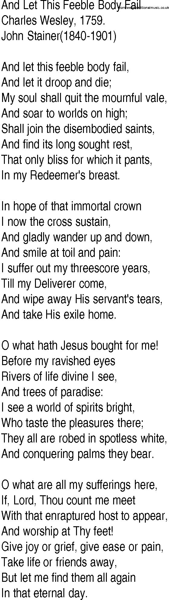 Hymn and Gospel Song: And Let This Feeble Body Fail by Charles Wesley lyrics