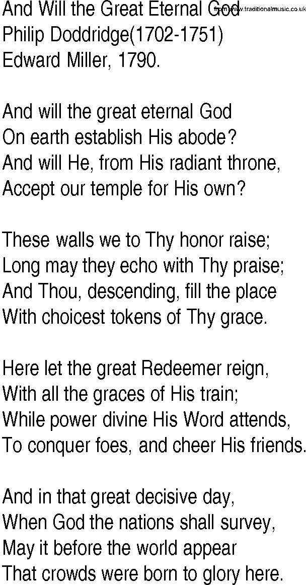 Hymn and Gospel Song: And Will the Great Eternal God by Philip Doddridge lyrics