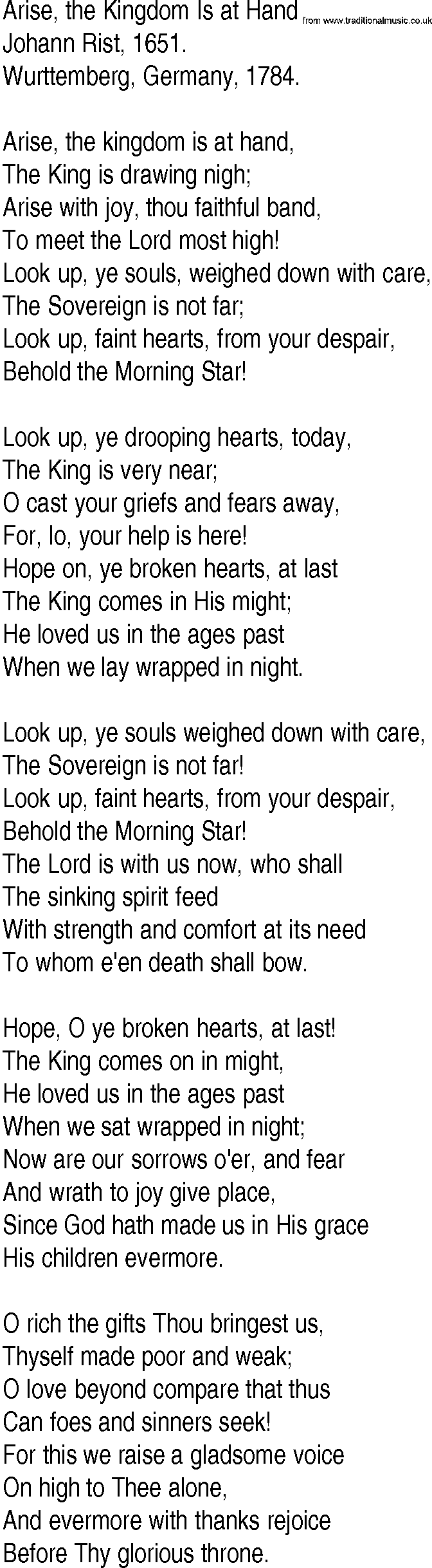 Hymn and Gospel Song: Arise, the Kingdom Is at Hand by Johann Rist lyrics