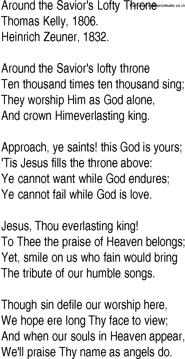 Hymn and Gospel Song: Around the Savior's Lofty Throne by Thomas Kelly lyrics