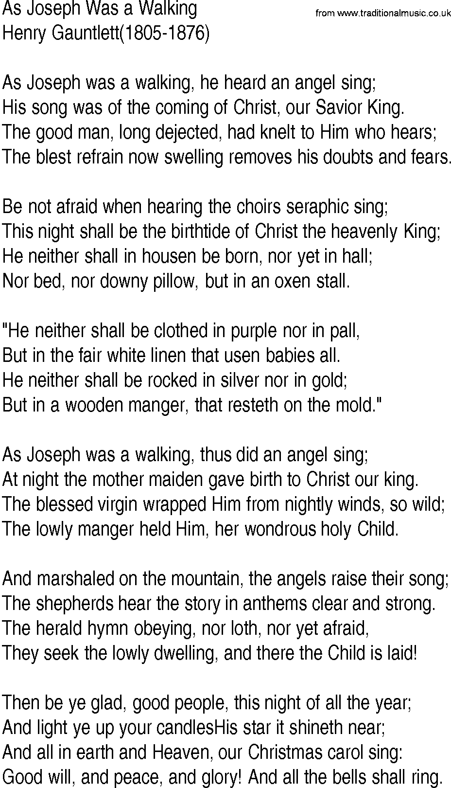 Hymn and Gospel Song: As Joseph Was a Walking by Henry Gauntlett lyrics