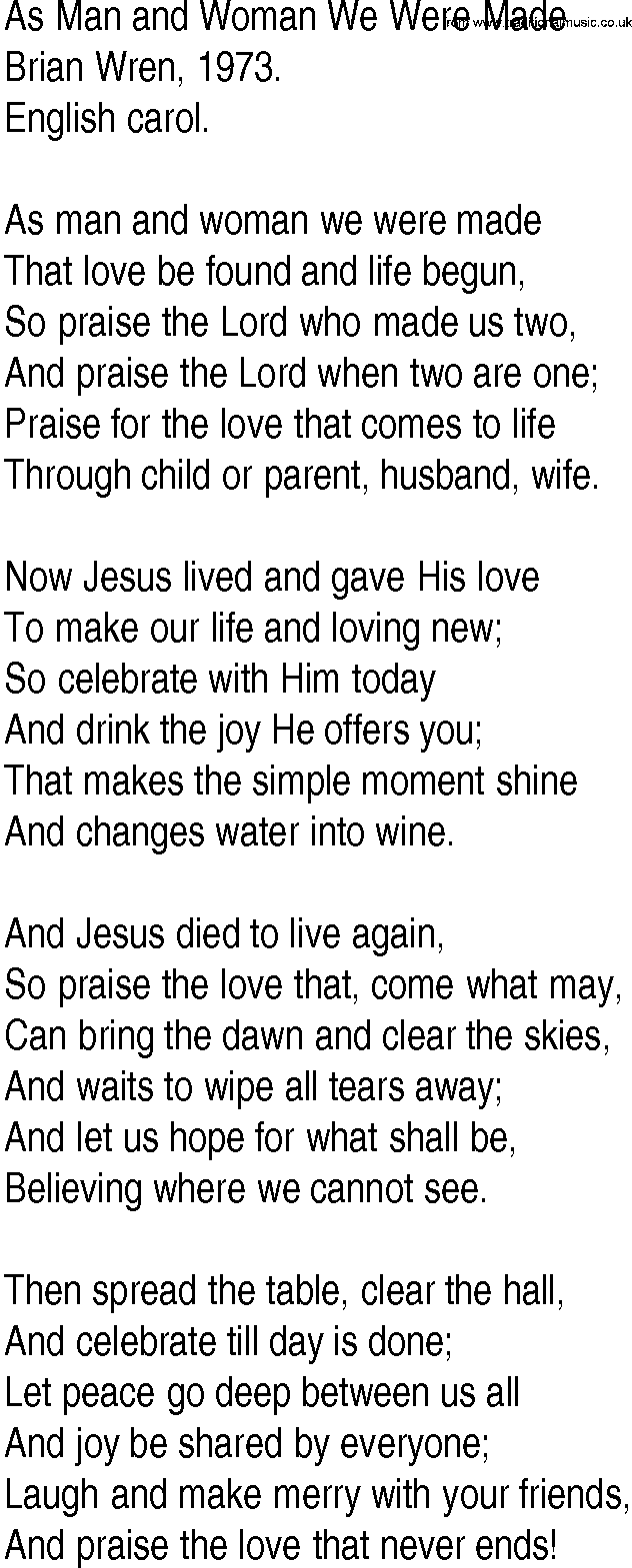 Hymn and Gospel Song: As Man and Woman We Were Made by Brian Wren lyrics