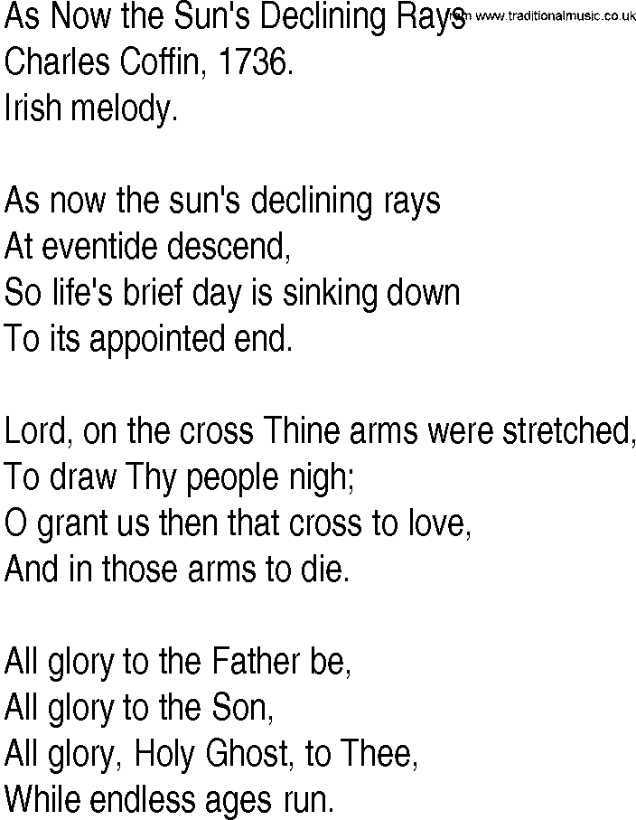 Hymn and Gospel Song: As Now the Sun's Declining Rays by Charles Coffin lyrics