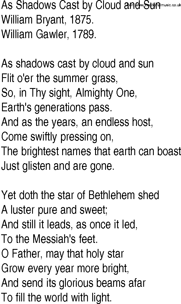 Hymn and Gospel Song: As Shadows Cast by Cloud and Sun by William Bryant lyrics