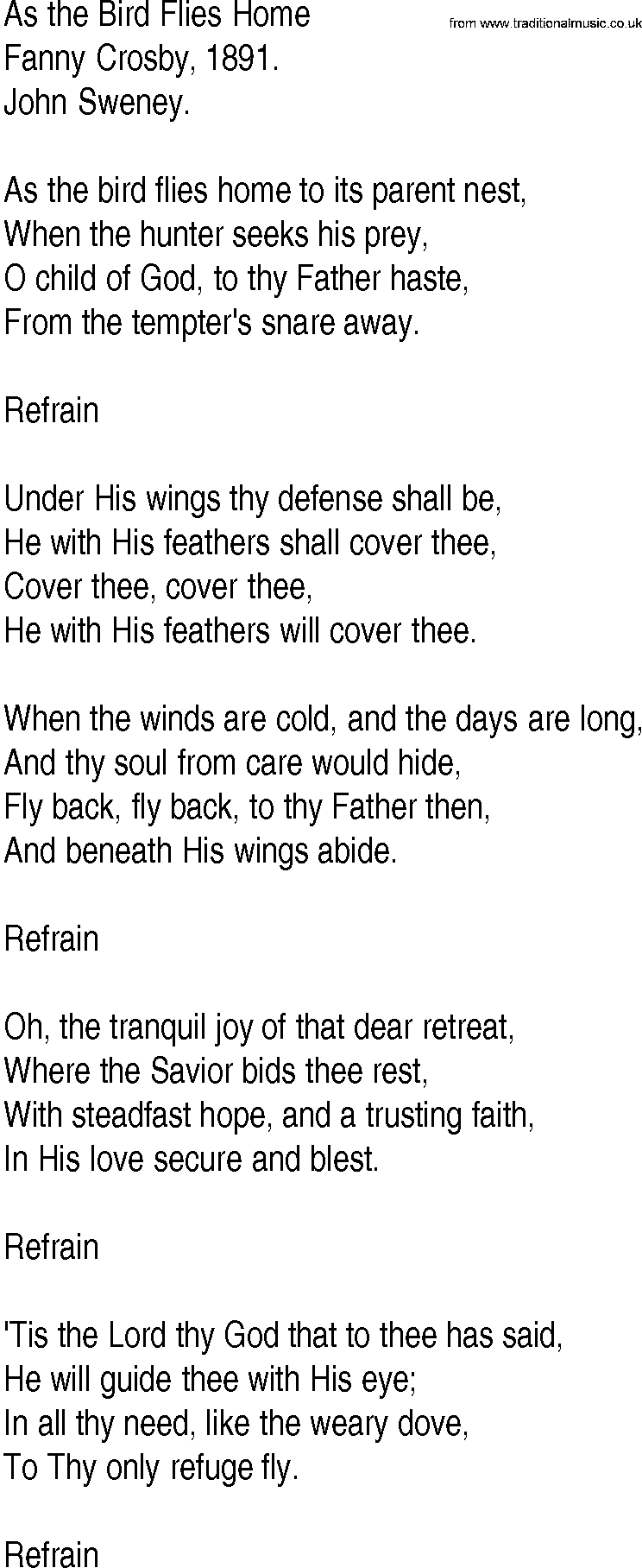 Hymn and Gospel Song: As the Bird Flies Home by Fanny Crosby lyrics