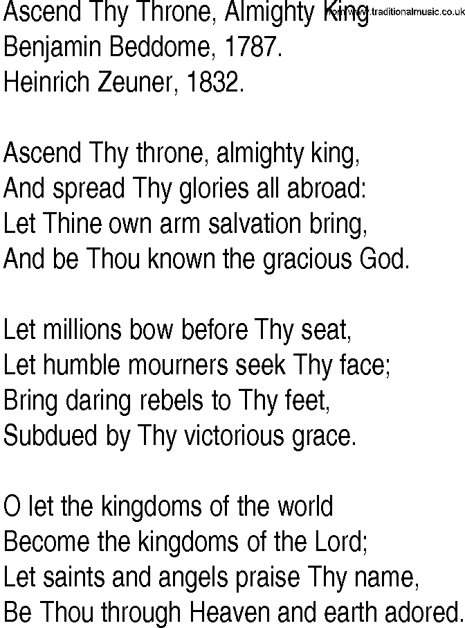 Hymn and Gospel Song: Ascend Thy Throne, Almighty King by Benjamin Beddome lyrics