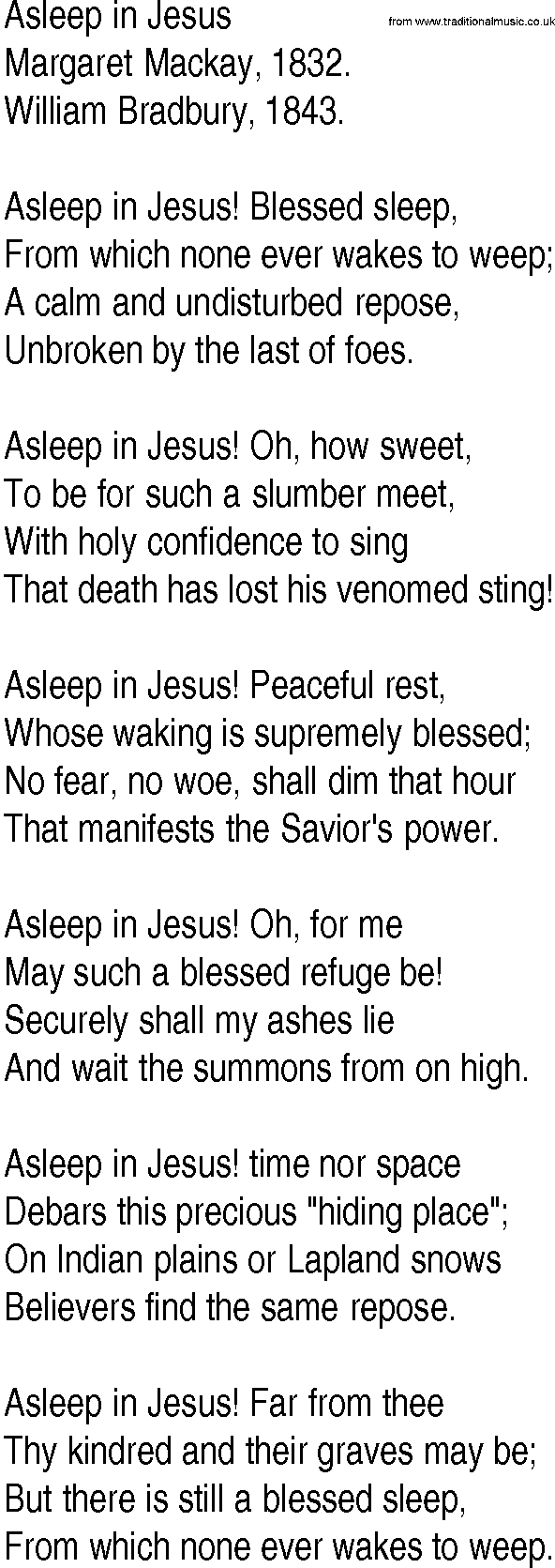 Hymn and Gospel Song: Asleep in Jesus by Margaret Mackay lyrics
