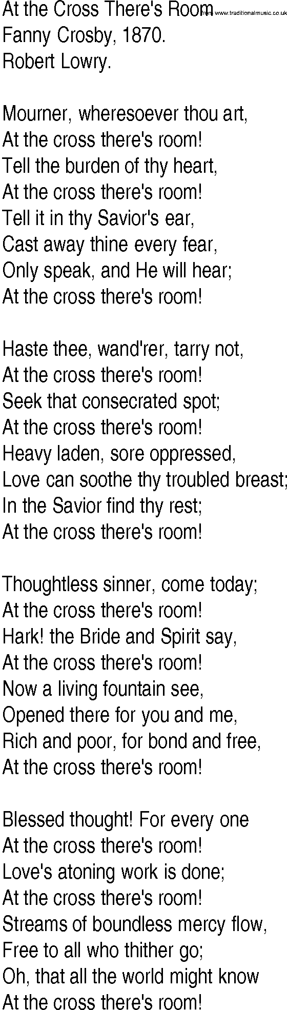 Hymn and Gospel Song: At the Cross There's Room by Fanny Crosby lyrics