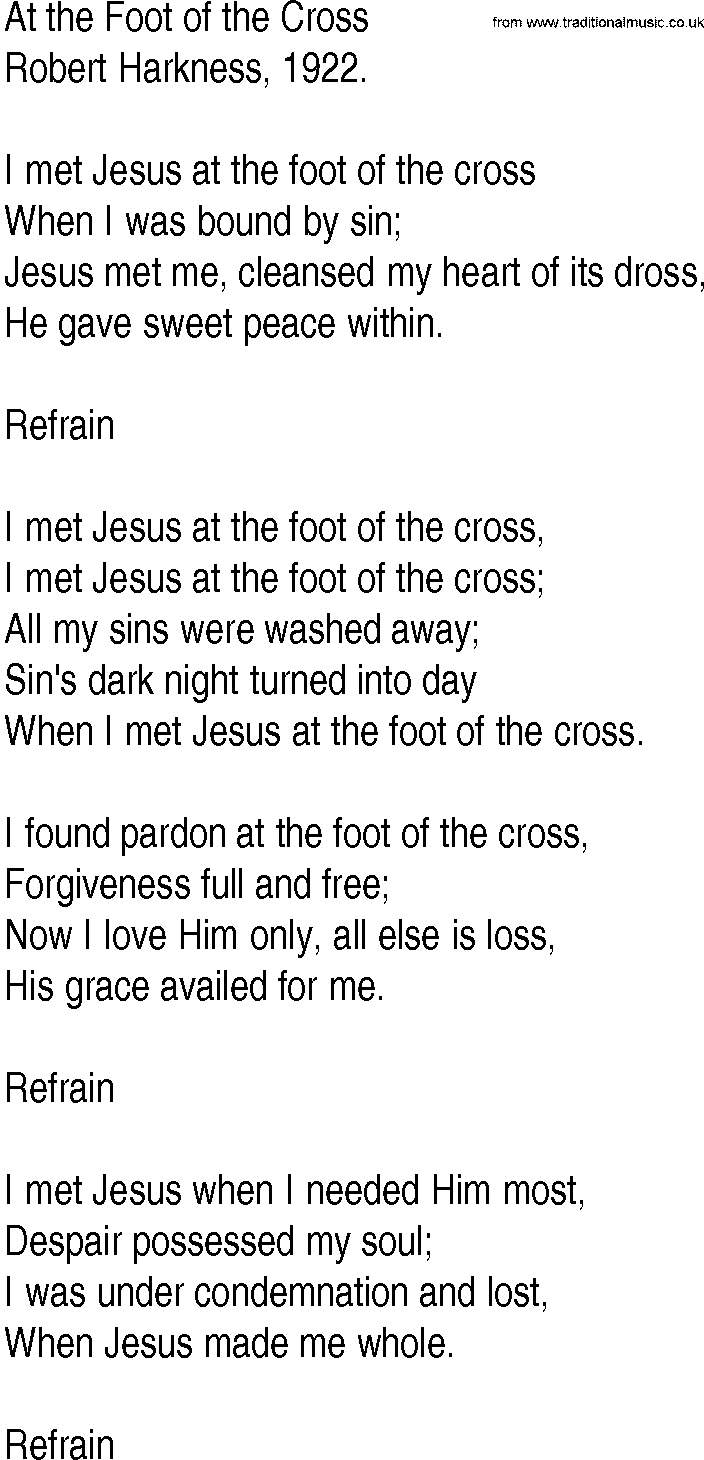 Hymn and Gospel Song: At the Foot of the Cross by Robert Harkness lyrics