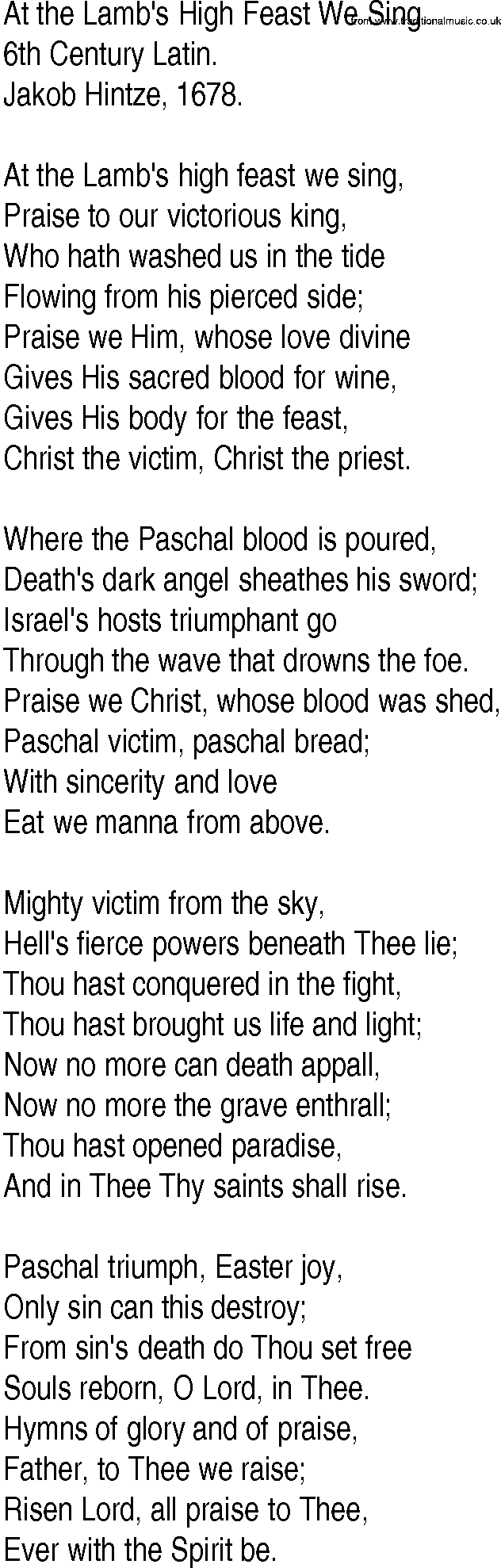 Hymn and Gospel Song: At the Lamb's High Feast We Sing by th Century Latin lyrics