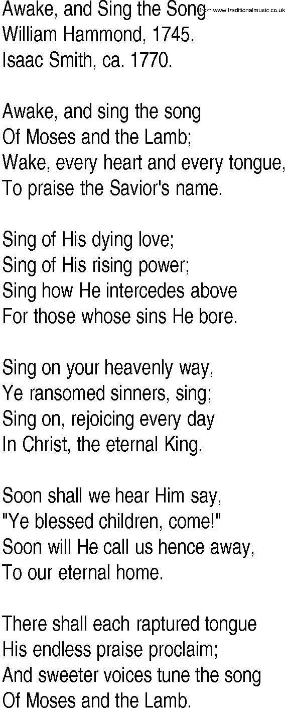 Hymn and Gospel Song: Awake, and Sing the Song by William Hammond lyrics