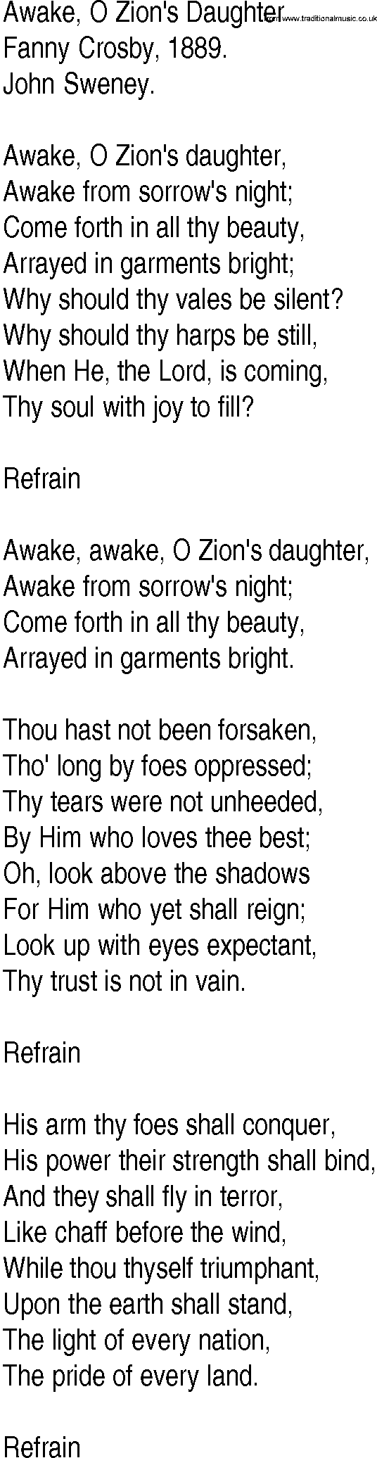 Hymn and Gospel Song: Awake, O Zion's Daughter by Fanny Crosby lyrics