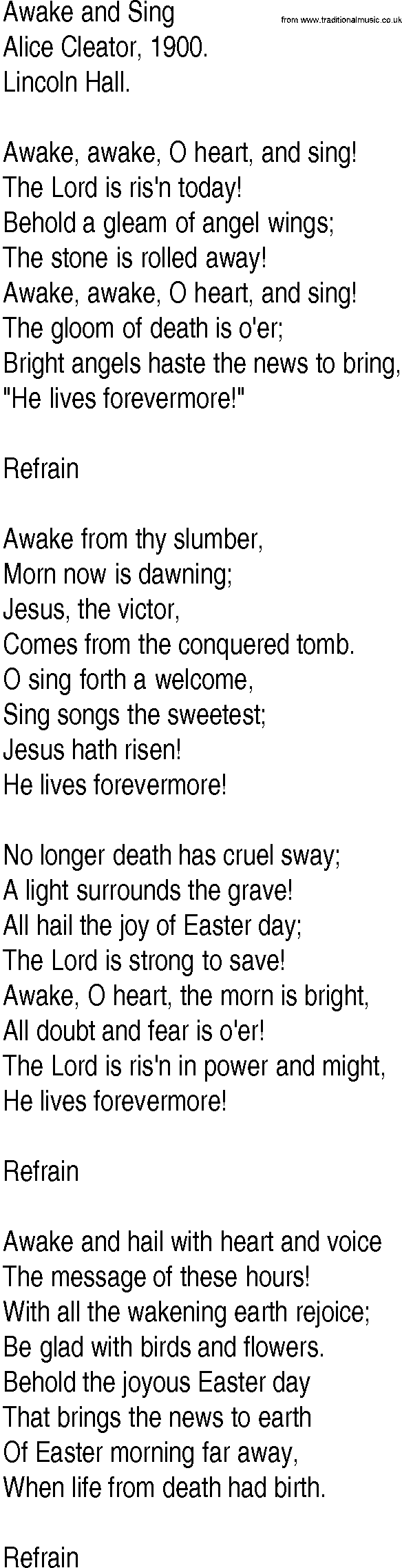 Hymn and Gospel Song: Awake and Sing by Alice Cleator lyrics