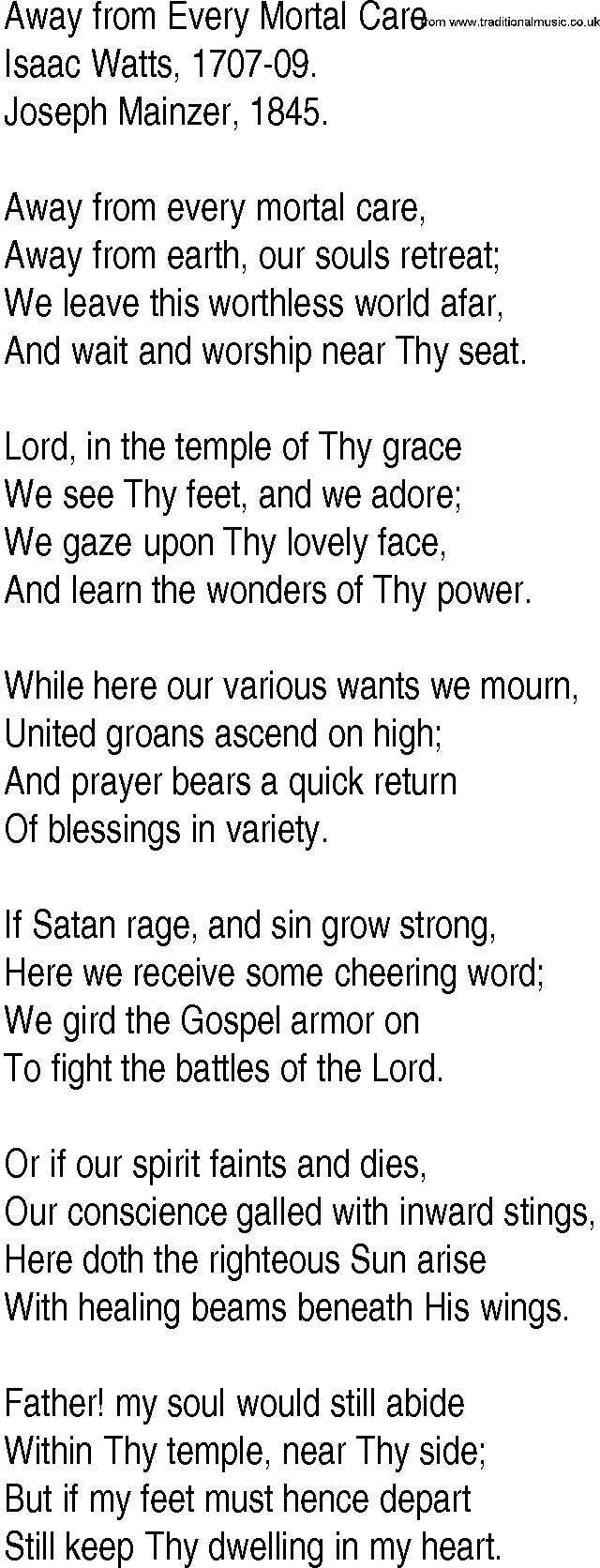 Hymn and Gospel Song: Away from Every Mortal Care by Isaac Watts lyrics